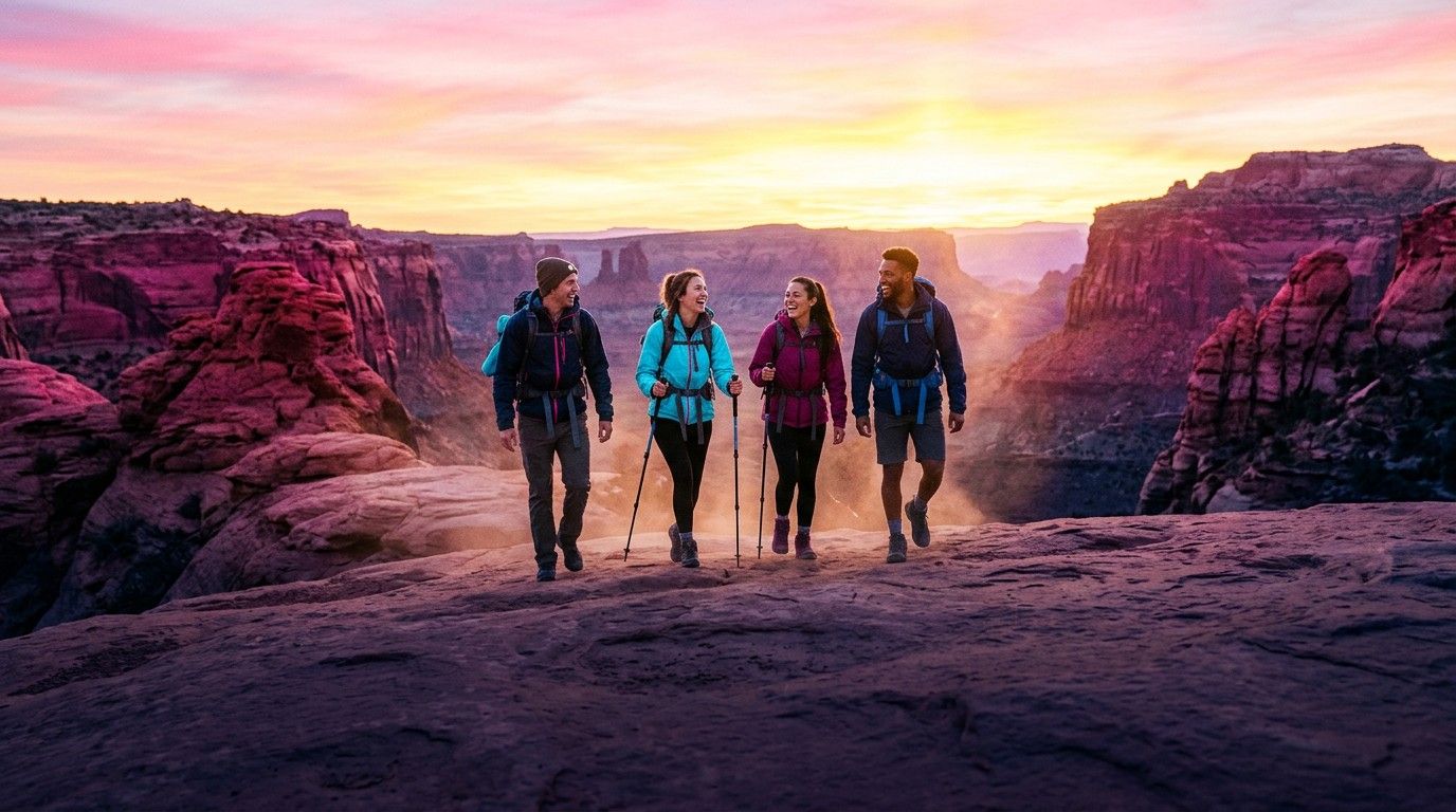 Friends hiking red rocks at sunrise