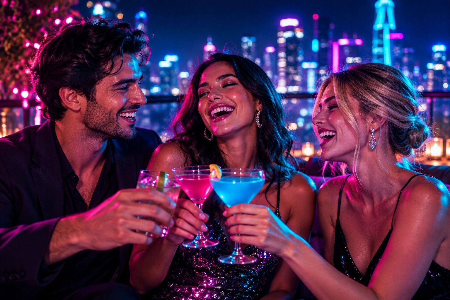 Friends laughing on a rooftop above the Las Vegas lights