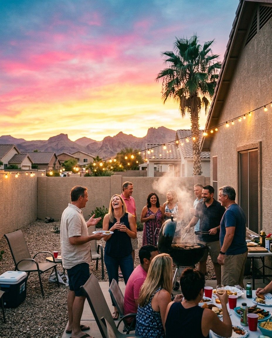 Neighbors laughing at a backyard cookout at sunset